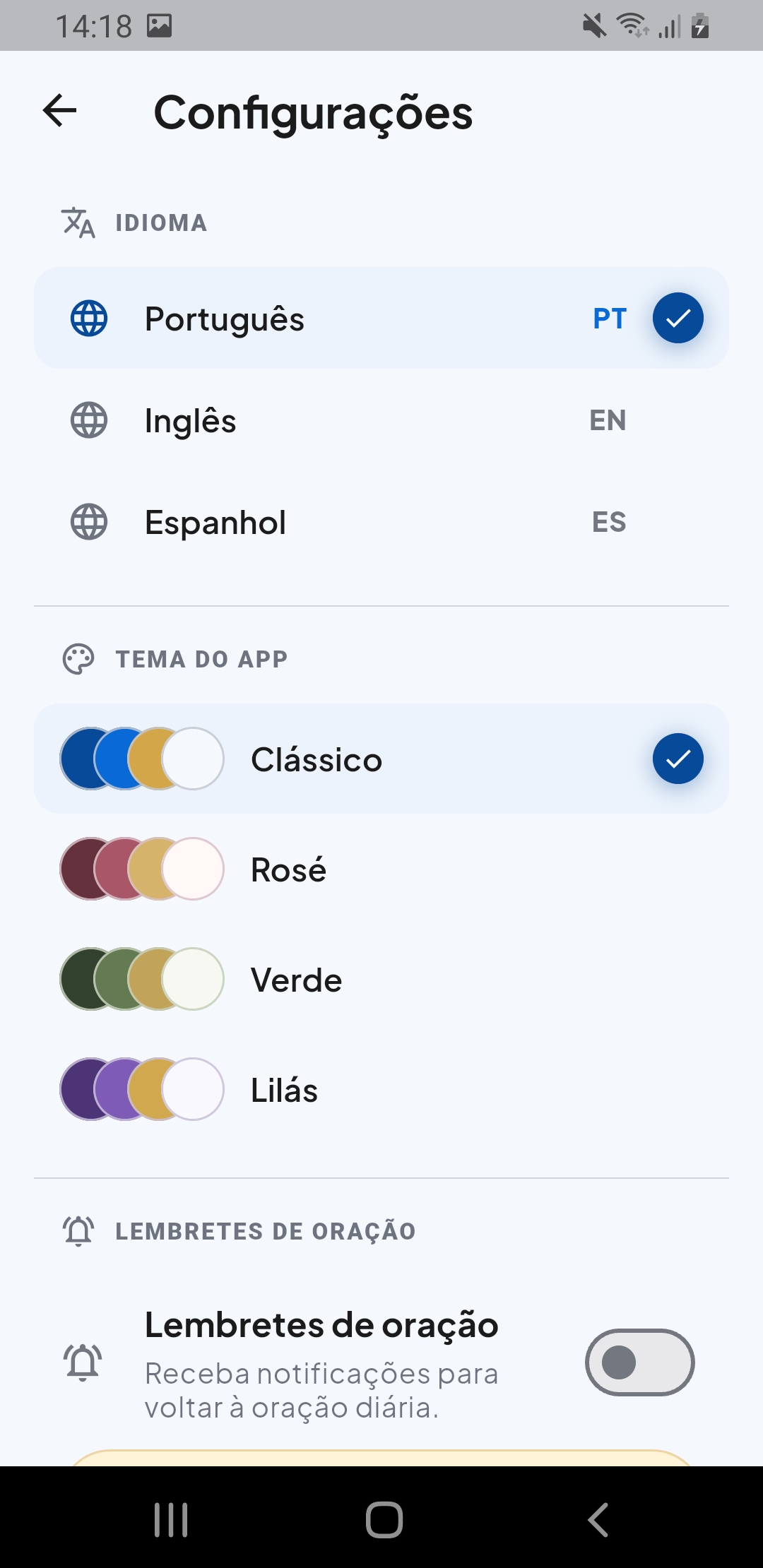 Configurações reais do app com idiomas, quatro temas e lembretes de oração