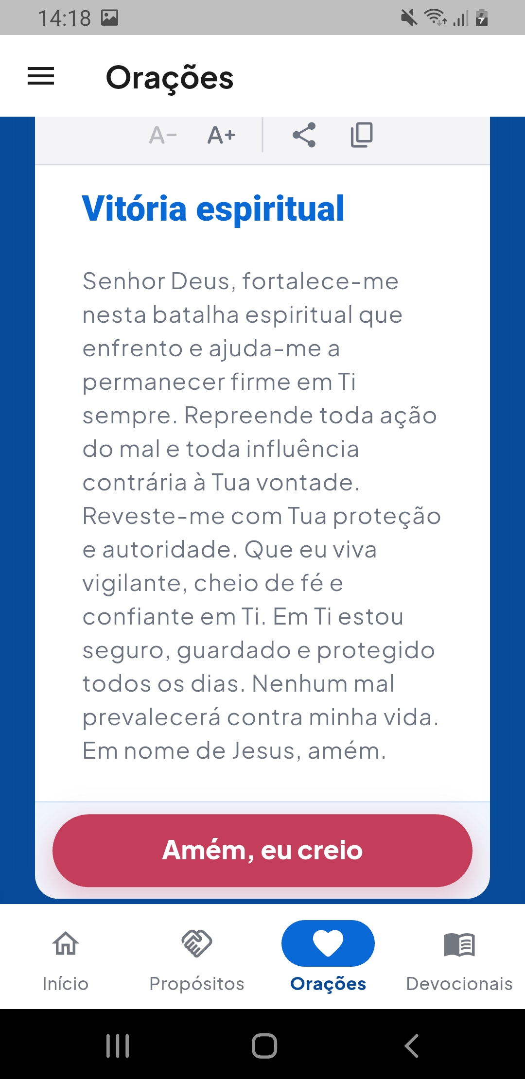 Oração Vitória espiritual, com texto e botão Amém, eu creio