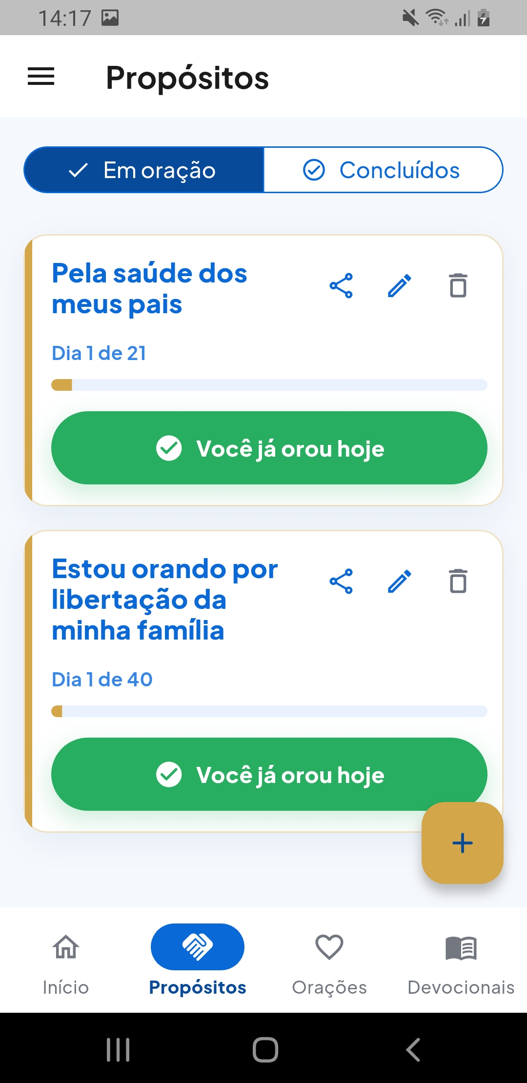 Tela real de Propósitos: pedidos de oração, duração, progresso e marcação diária